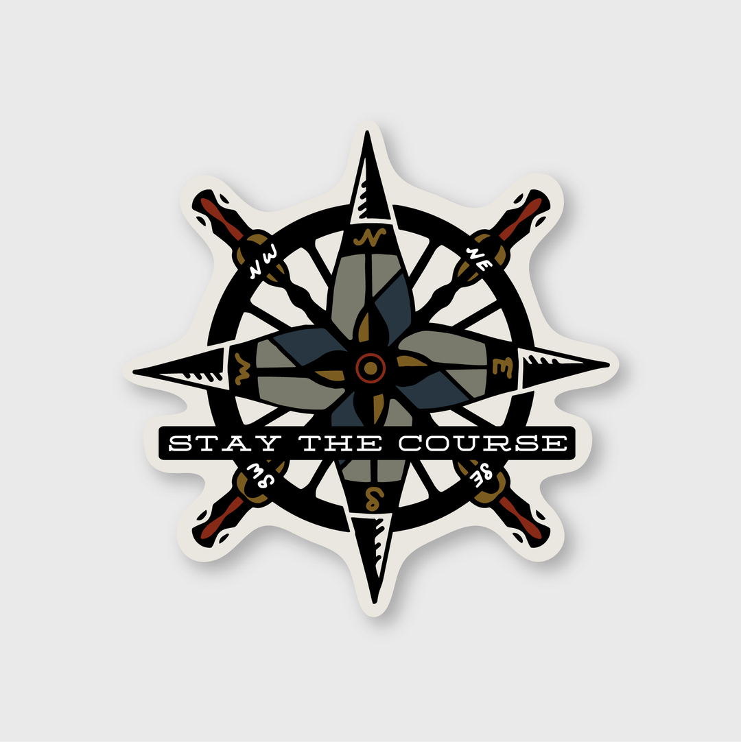 The "Stay The Course Sticker" features a meticulously crafted vintage compass rose illustration with black, gold, and gray accents. A central banner proudly displays the phrase "Stay the Course." Made from high-quality die-cut vinyl, this sticker offers excellent durability and a striking white background that enhances its detailed design by talented artists.