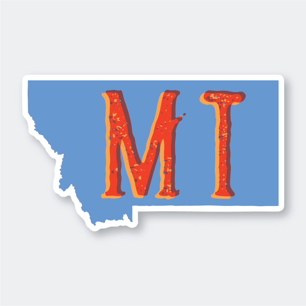 Discover the Montana #3 Sticker from Pike Street Press: a die-cut vinyl sticker showcasing vibrant blue and orange hues with a striking letter M design. This weather-resistant sticker is ideal for fans of independent artists, offering durability in all conditions.