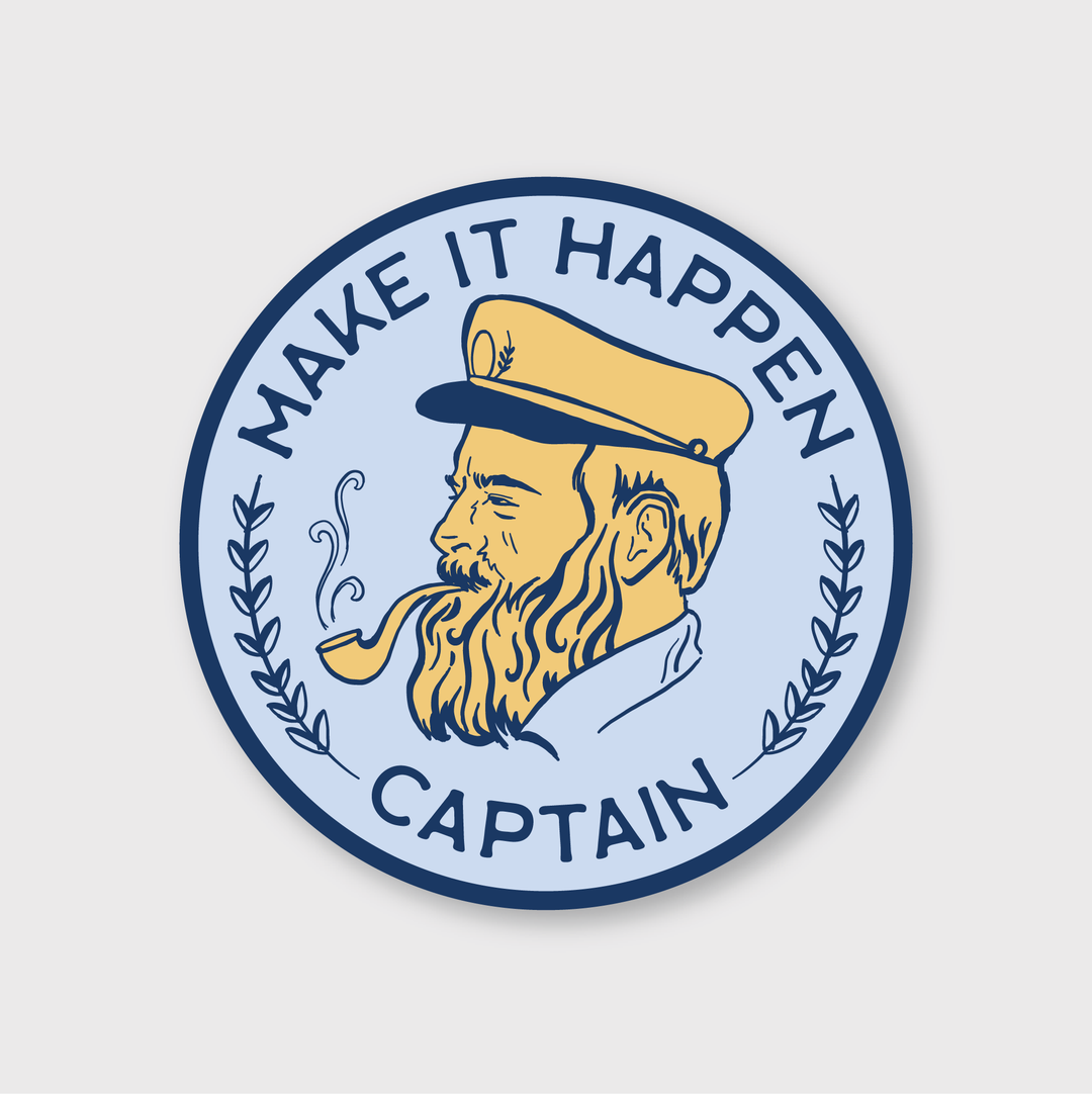 Introducing the "Make It Happen Captain Sticker" by Pike Street Press. This distinctive blue and yellow circular sticker features a man smoking a pipe and is available as a die-cut vinyl sticker. Designed by talented artists, it offers weather-resistant durability for any environment.