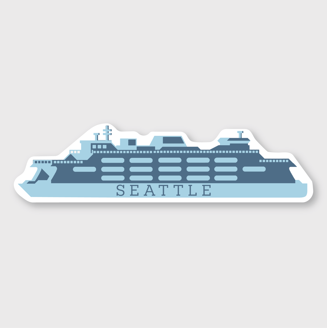 A ship in blue and dark gray, with "SEATTLE" prominently displayed, is illustrated in a minimalist silhouette style. The design sits against a light gray backdrop, reminiscent of the Seattle Ferry Sticker. This makes it perfect for a vinyl sticker design.