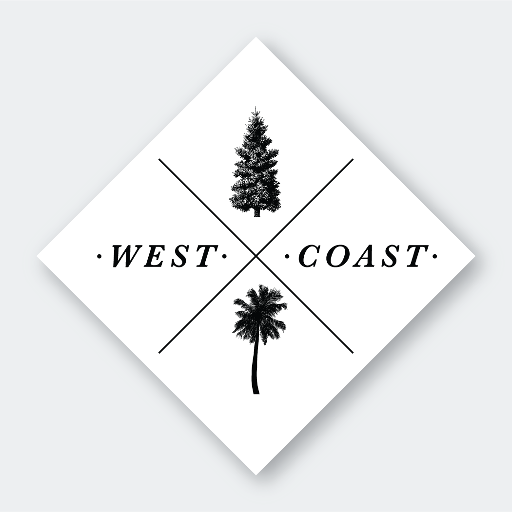 The West Coast Square Sticker features a diamond-shaped design with intersecting lines. A pine tree is depicted at the top, and a palm tree at the bottom, with "West" and "Coast" horizontally positioned between the lines. This die-cut vinyl sticker has a premium laminated matte finish, making it water and weather resistant.