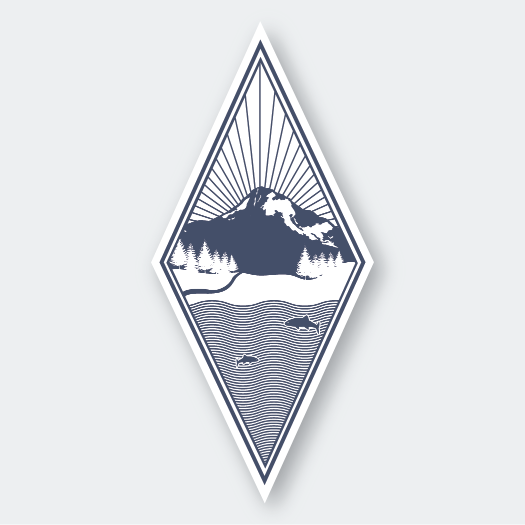 A blue, outdoor-rated vinyl sticker featuring a diamond-shaped illustration of a mountain with trees at the base, above a body of water with boats. Sun rays radiate from the peak in a symmetrical, stylized pattern against a white background, exuding that serene West Coast vibe.