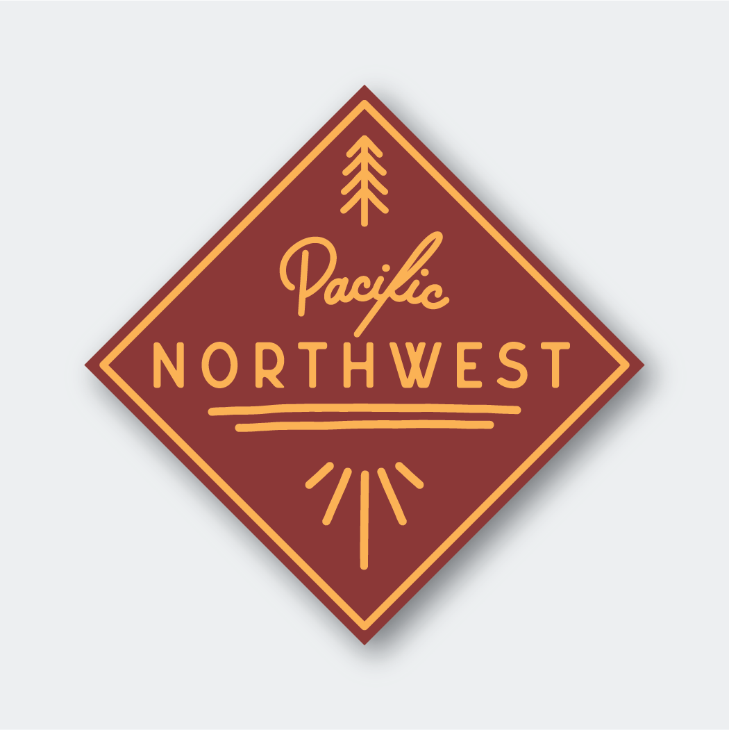 This sticker features a diamond-shaped design on a maroon background, with the phrase "Pacific Northwest" in stylized yellow lettering. An iconic tree sits at the top, complemented by abstract sun rays radiating below. It's an ideal piece of decor for those seeking a Seattle-themed aesthetic.