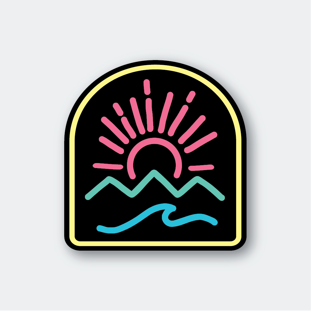 The Neon Sun Mountain Wave Sticker showcases a stylized sun with pink rays highlighting turquoise mountains and a wave. This lively design is set in an arched frame with a yellow border on light gray and is made from weather-resistant vinyl, perfect for adding colorful accents.