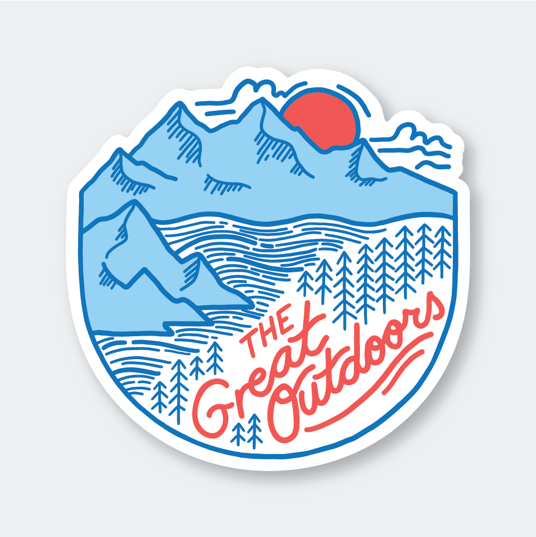 Introducing "The Great Outdoors Sticker," a vibrant and durable vinyl sticker featuring stylized blue mountains, a red sun, and rows of trees. In bold red script across the center, it celebrates the spirit of adventure with "The Great Outdoors." Ideal for adventurers looking to enhance their gear with an outdoor-ready design.