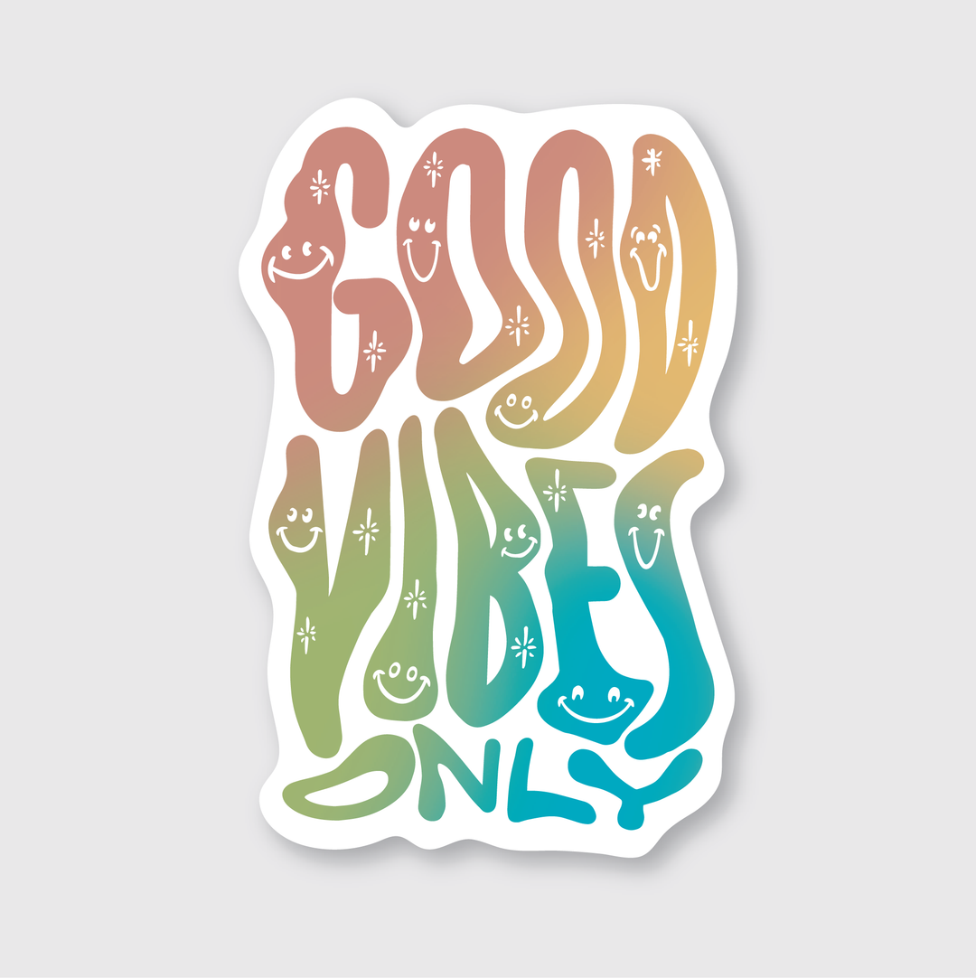 The Trippy Good Vibes Sticker is a die-cut vinyl creation crafted by talented artists. It showcases a playful and colorful font with letters designed to resemble smiling faces, complemented by star-like accents arranged vertically. The vibrant colors blend seamlessly from pink to orange, green, and blue.