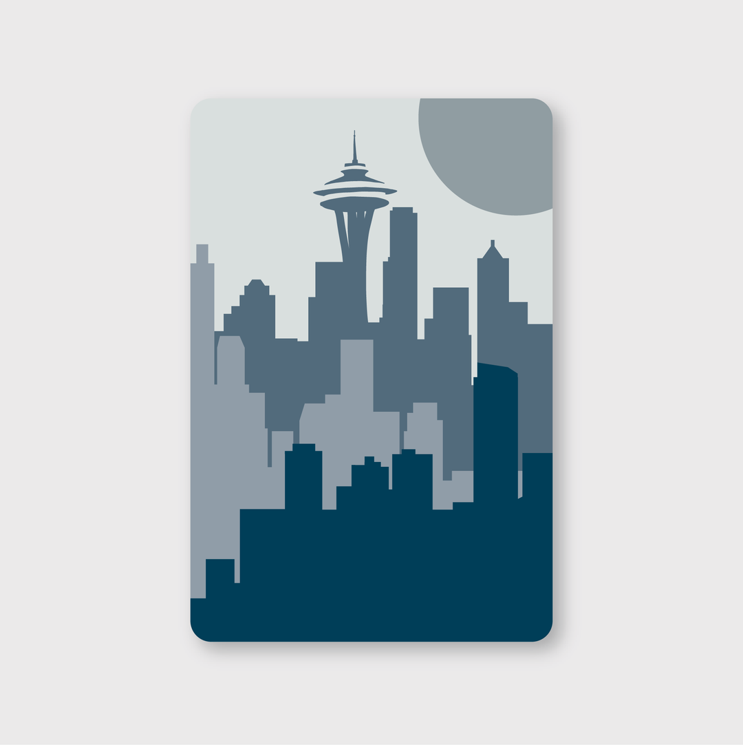 This sticker portrays a city skyline featuring a prominent tower beneath a large partial sun or moon. It showcases buildings in blue and gray tones, creating a modern and minimalist aesthetic on a light gray background. Made with high-quality vinyl, this design offers precision and appeal.