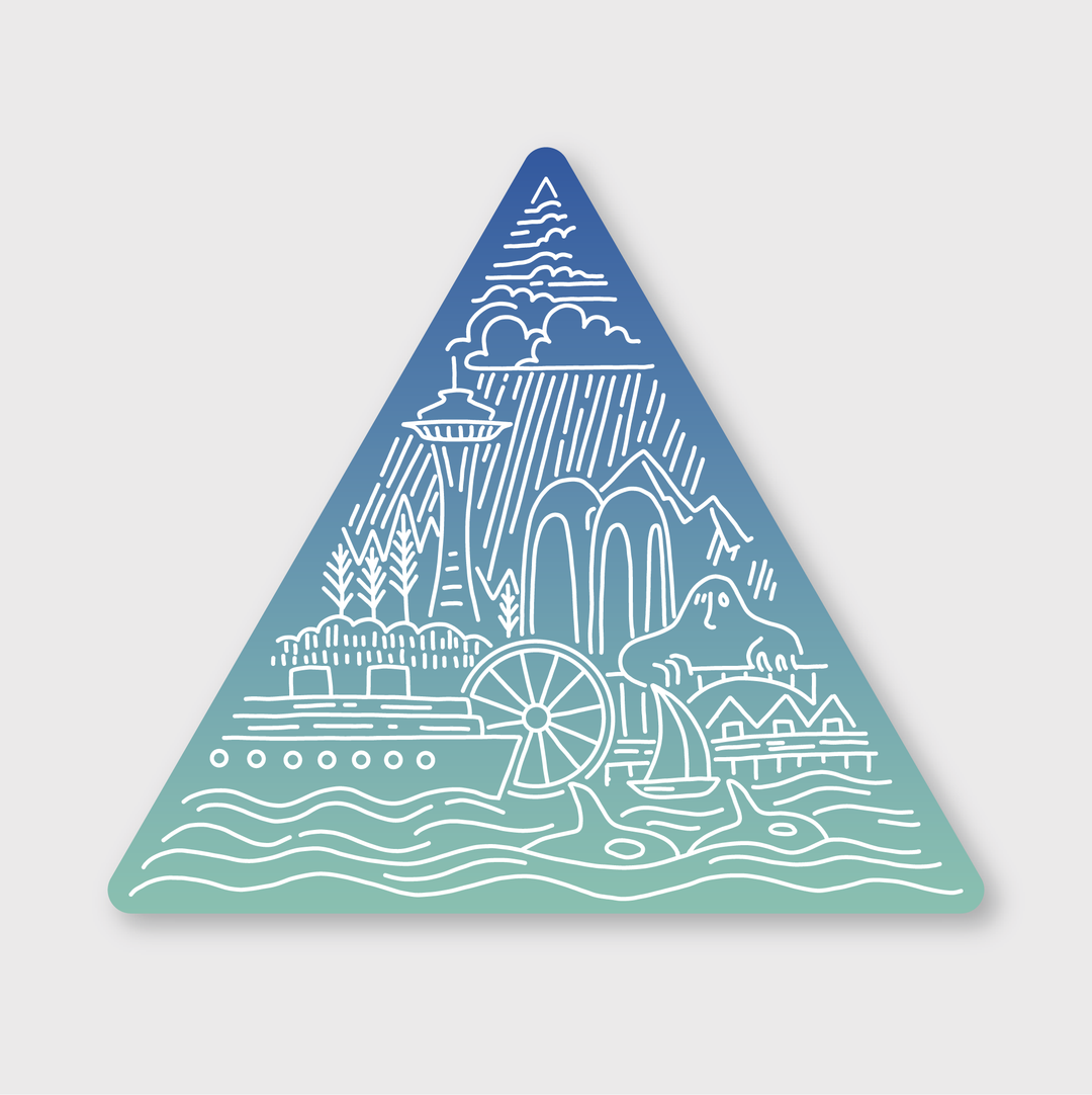 The Seattle Geo Triangle Sticker features a weather-resistant design showcasing iconic Seattle landmarks. The sticker highlights the Space Needle, mountains, a waterfront with a boat, windmill, trees, and clouds, all rendered in blue and green tones against a white background.