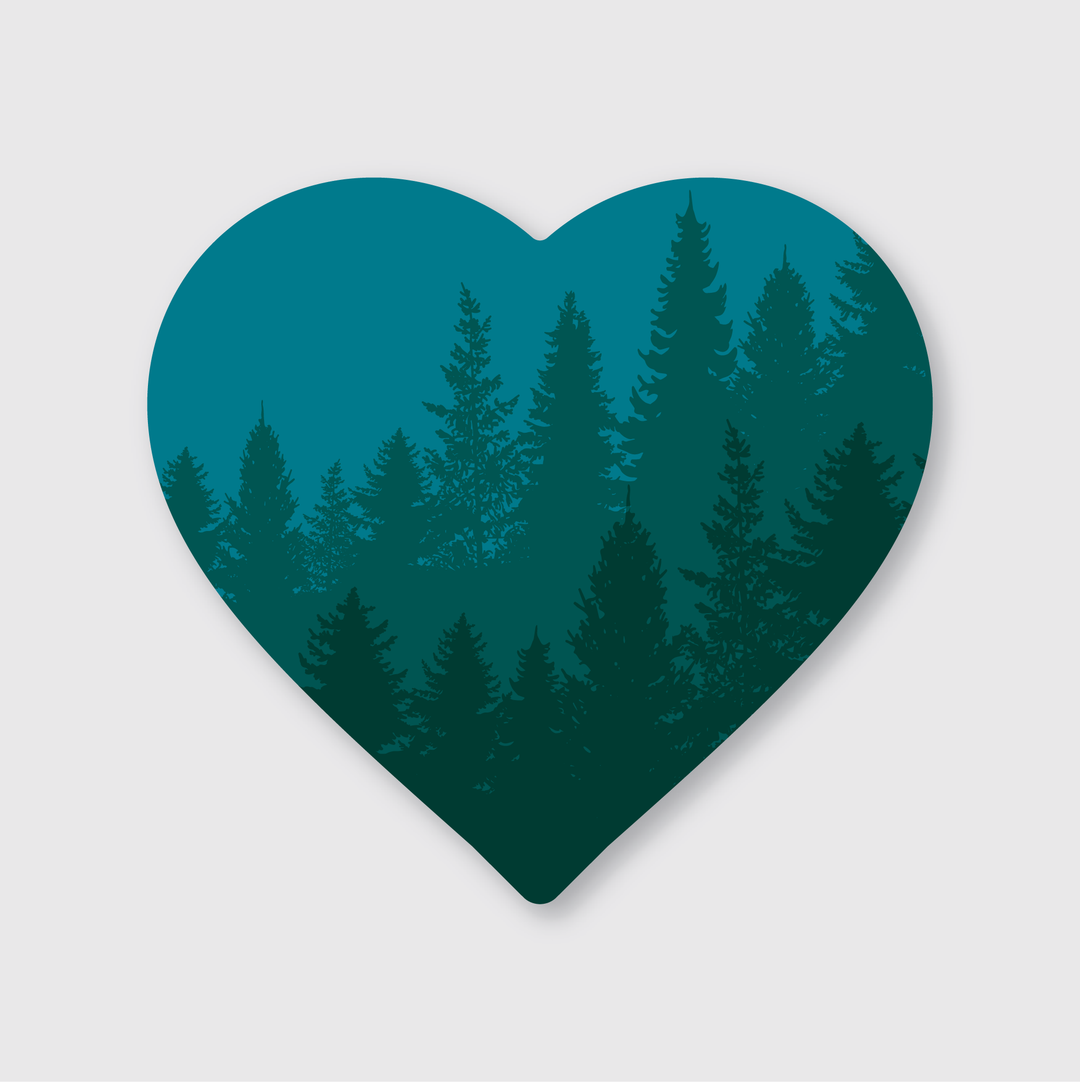 The Heart Trees Sticker features a heart-shaped design filled with a dense silhouette of an evergreen forest against a gradient blue background, making it an ideal choice for nature enthusiasts. This die-cut vinyl sticker is outdoor rated, offering both durability and style wherever you choose to place it.