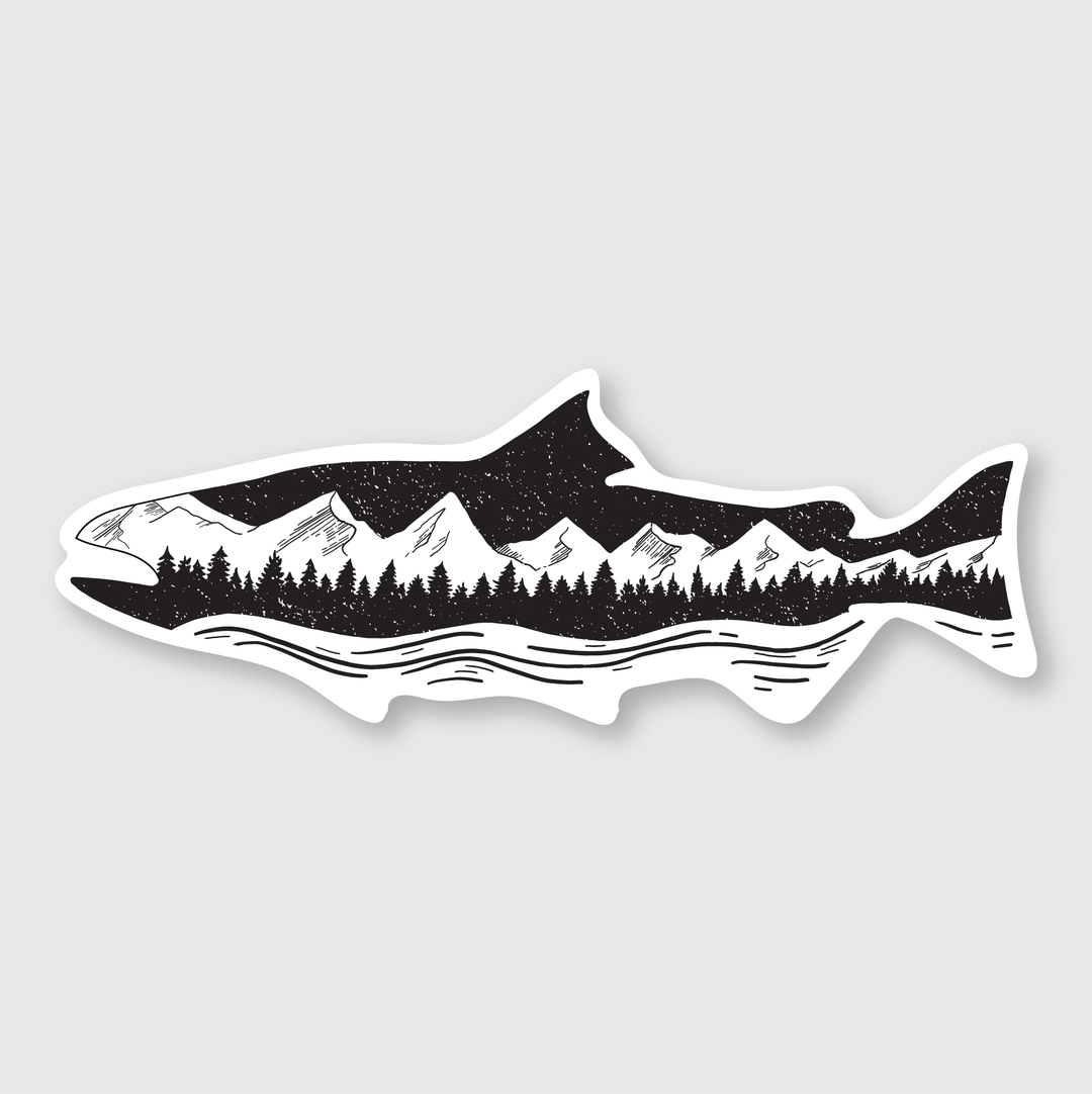 The Salmon Sticker is a captivating vinyl sticker featuring the silhouette of a fish, creatively designed with a black and white landscape that includes mountains, trees, and a river. This artistic representation takes the elegant shape of a salmon, making it an ideal choice for nature enthusiasts looking for unique artwork from talented designers.