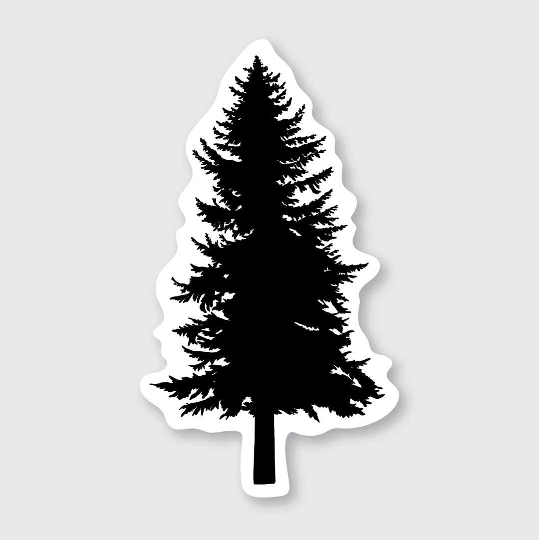 This die-cut vinyl sticker features a silhouette of a black pine tree with detailed branches and leaves, set against a light gray background. It beautifully captures the classic conical shape typical of evergreen species, making it perfect for nature lovers.