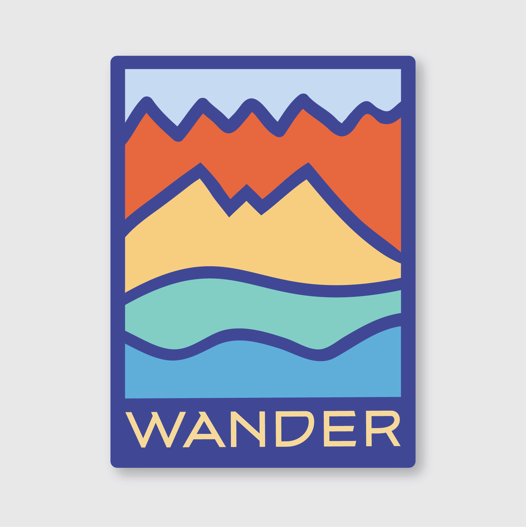 The Wander Abstract Sticker features a stylized illustration with layered colors showing mountains and water. The word "WANDER" is elegantly displayed at the bottom. This die-cut vinyl sticker includes bold blue outlines highlighting shapes in various colors such as orange, yellow, green, and blue, and is made to be weather-resistant for any adventure.