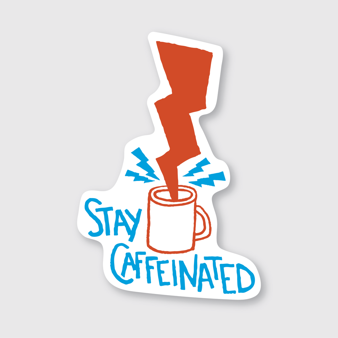 The Stay Caffeinated Coffee Sticker presents a dynamic design with a red lightning bolt striking a coffee mug, surrounded by blue electric sparks. Below this energetic artwork, the phrase "Stay Caffeinated" stands out in blue text. Crafted by talented artists, this die cut vinyl sticker offers a bold appearance set against its white background.