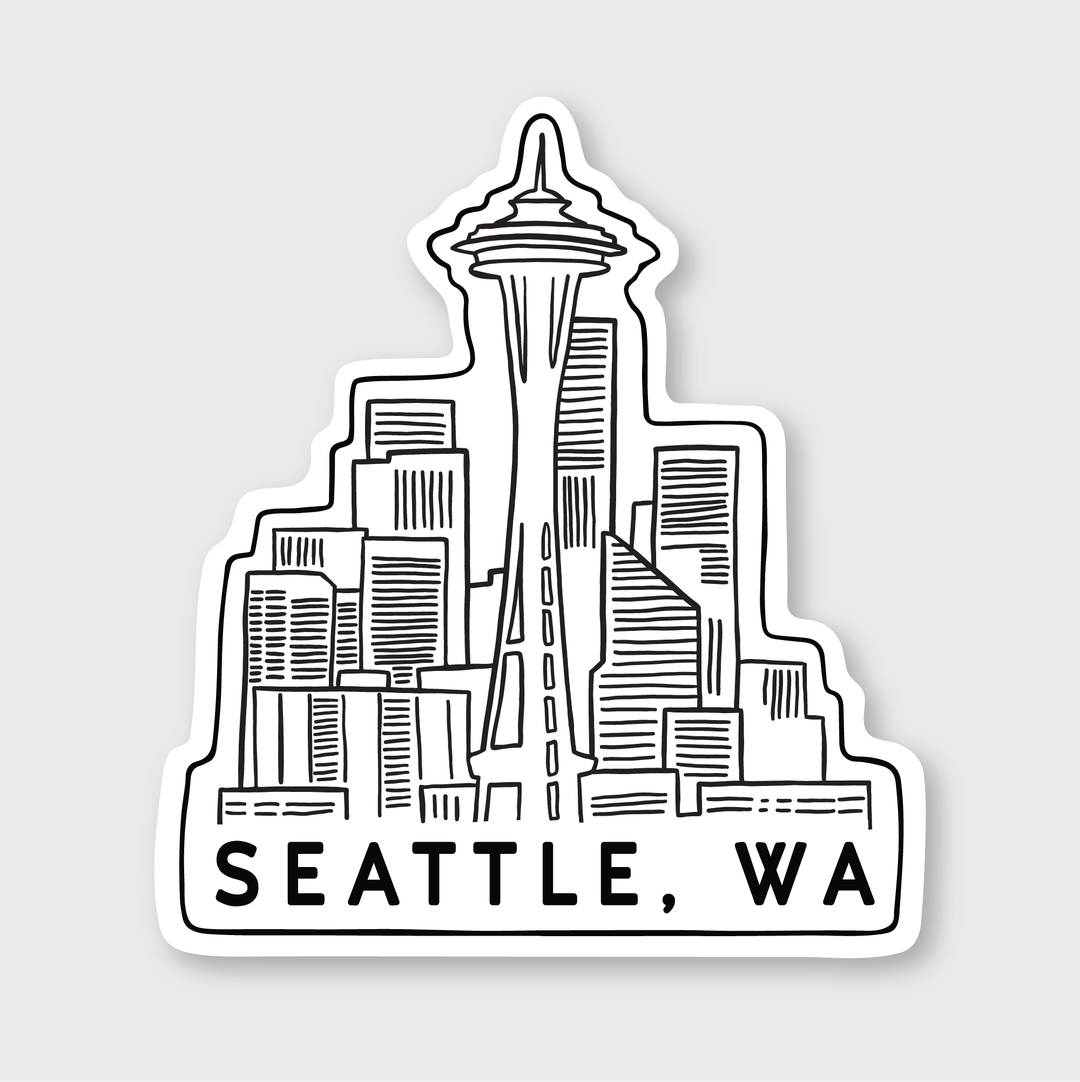 It sounds like you're describing a sticker that artistically represents the Seattle skyline. This vinyl sticker highlights the iconic Space Needle with a black outline on a white background, capturing the city's essence. The inscription "Seattle, WA" adds a finishing touch to this striking design.