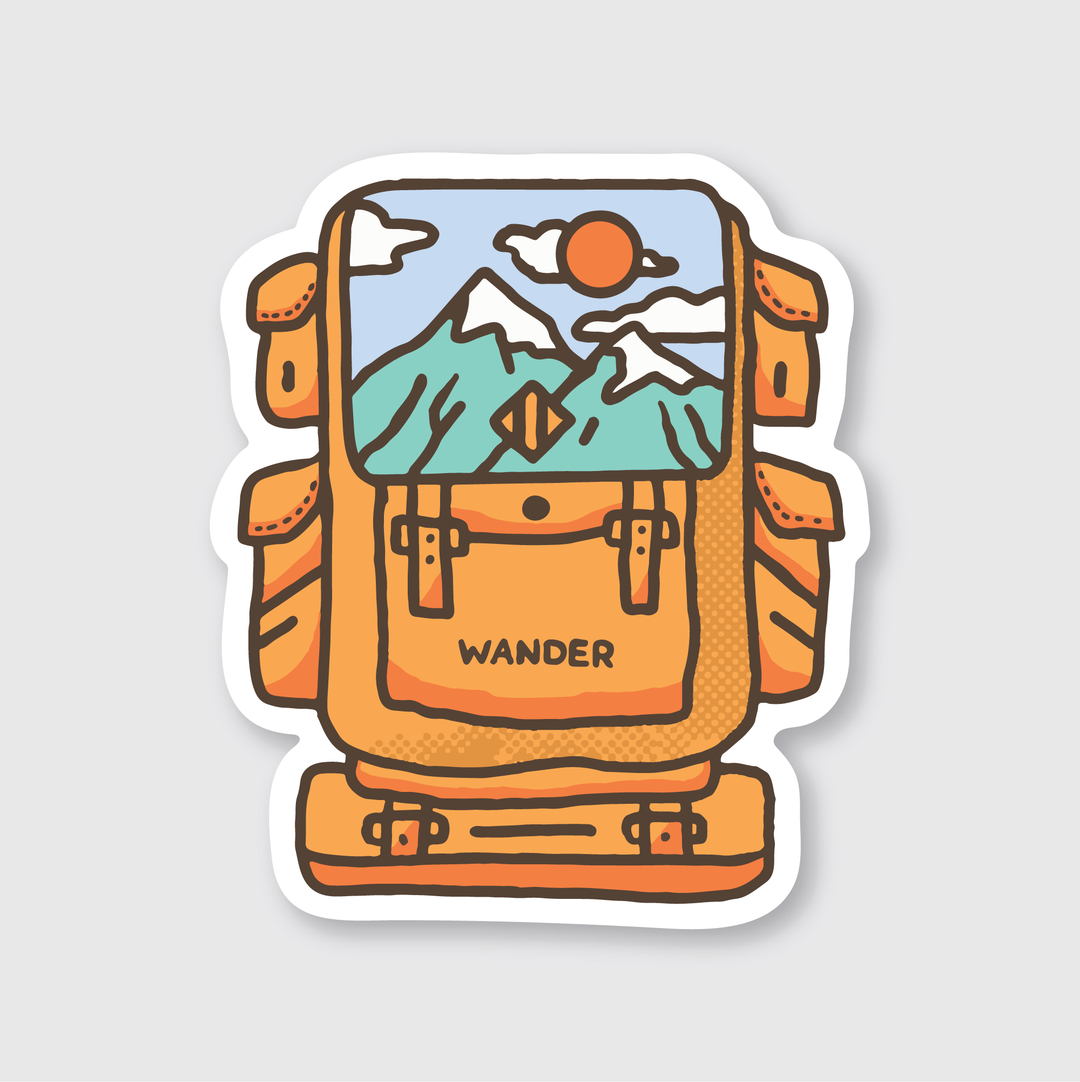 The "Wander Backpack Sticker" features an artistic illustration of an orange backpack with a mountain scene, sun, and clouds. The word "WANDER" is prominently displayed on the pocket. This striking design includes a white border and is crafted into a die-cut vinyl sticker, showcasing the creative expertise of talented designers.