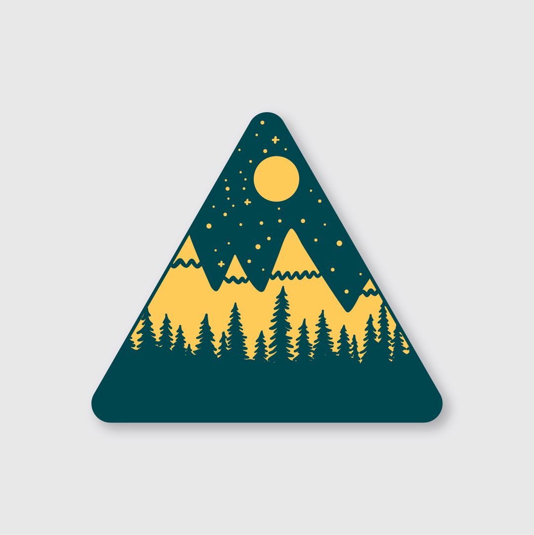 The Starry Mountain Vibes Sticker is a captivating triangular badge illustration featuring mountains, trees, and a starry night sky with a full moon. This durable vinyl sticker uses contrasting shades of yellow and dark blue to create a striking silhouette effect.