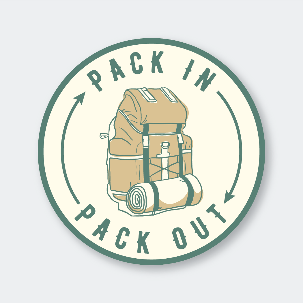 Illustration of a backpack filled with camping gear set against a circular beige backdrop. Arrows accompany the words "Pack In" and "Pack Out" around the circle, highlighting an outdoor theme. This Pack In Pack Out Sticker is perfect for Seattle adventurers aiming to express their adventurous spirit through high-quality stickers.