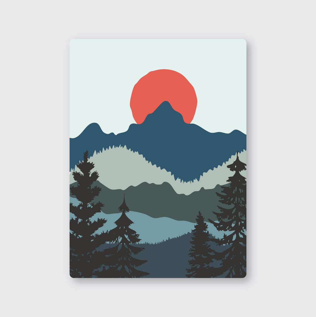 The Forest Sun Sticker is a die-cut vinyl illustration showcasing a mountain landscape with layered hills in blue and green shades. It features silhouetted pine trees in the foreground and a large red sun setting against the pale sky, making it a weather-resistant design.