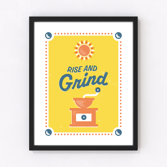 Letterpress print with a sun on yellow, blue and green text, manual coffee grinder, decorative dots, and corner accents.