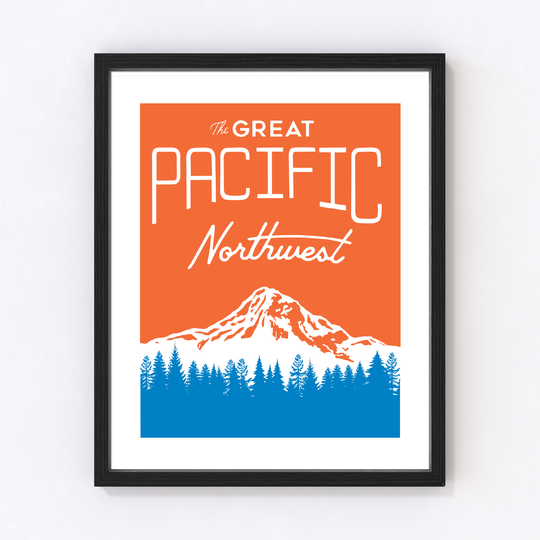 Bold orange and blue graphic art in a classic screenprint style, featuring minimalist mountains and evergreens.