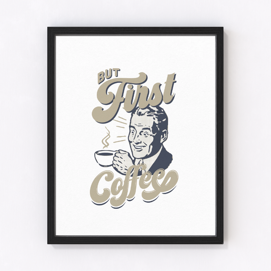 A man holding a cup of coffee, illustrated on premium cover stock with detailed handcrafted letterpress accents.