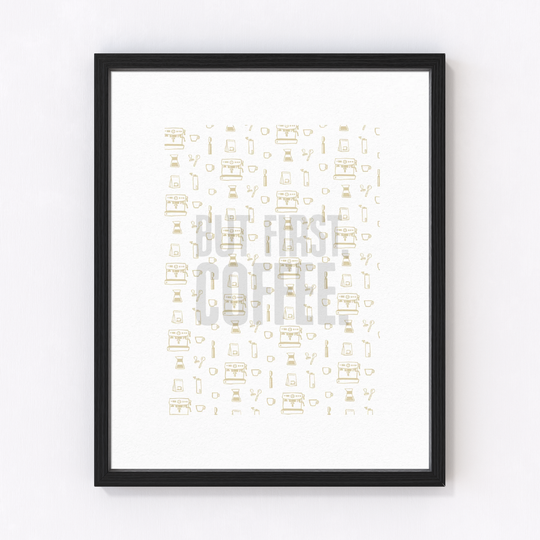 A print with small light brown coffee makers and mugs arranged in a grid, creating a cozy, Seattle-inspired accent.