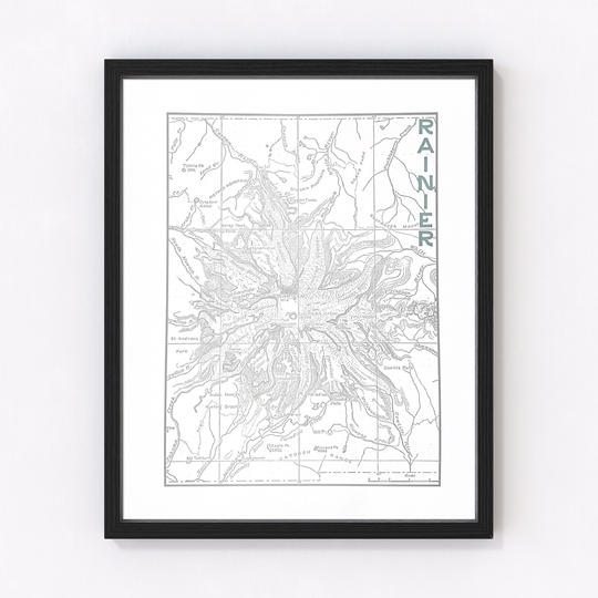 A framed black and white topographic map print with labeled areas and green vertical text, handcrafted for a unique touch.