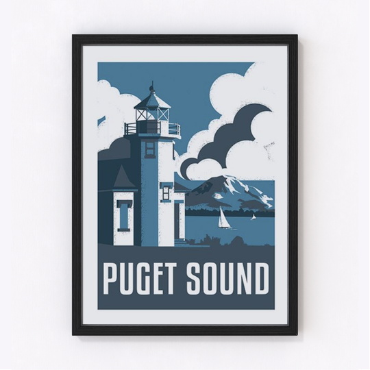 Art print with a lighthouse by water, mountains, sailboat, and clouds in blue and white tones.