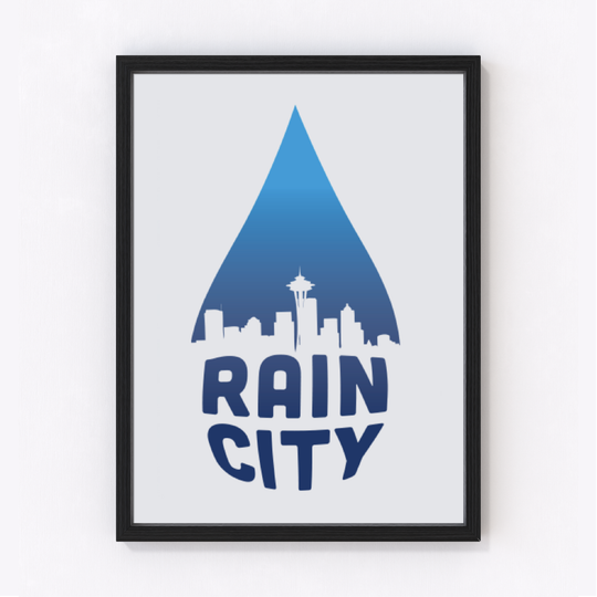 Art print featuring a blue raindrop with a white city skyline inside, framed as an eye-catching poster for any room.