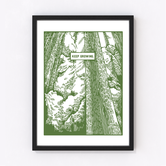 Framed green and white print with tall plants or trees. A rectangular box appears at the center of the composition.