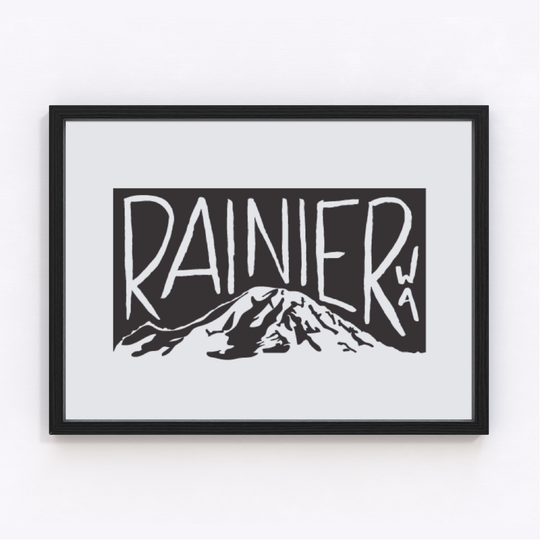 Black and white art print with a bold Mount Rainier illustration, inspired by classic Seattle screenprint styles, displayed in a frame.
