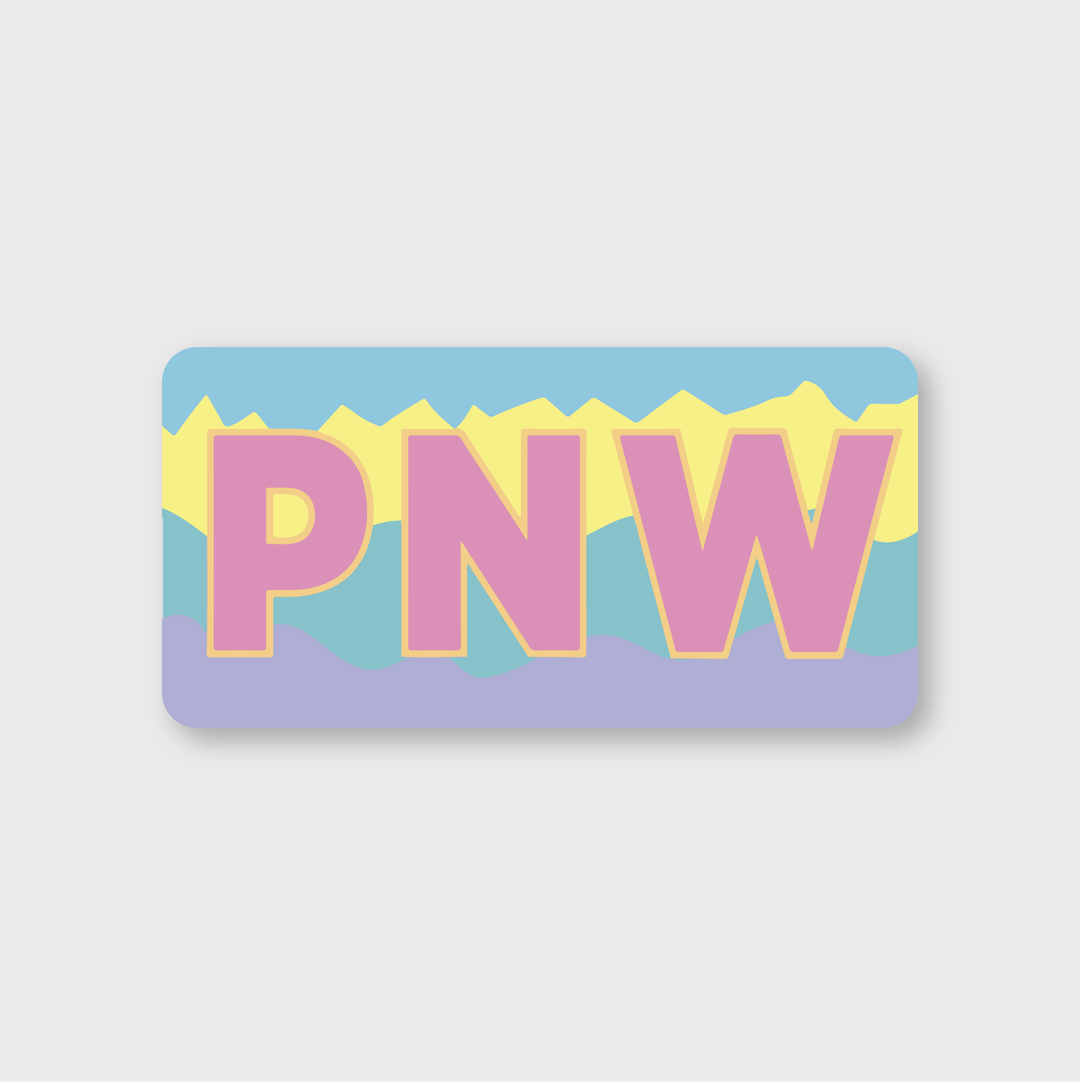 Introducing the "Pastel PNW Sticker" featuring a vibrant rectangular design with bold pink letters spelling "PNW," outlined in yellow. This high-quality sticker showcases a background of wavy yellow, blue, and purple bands, artfully representing a scenic landscape that encapsulates the spirit of branded artistry.