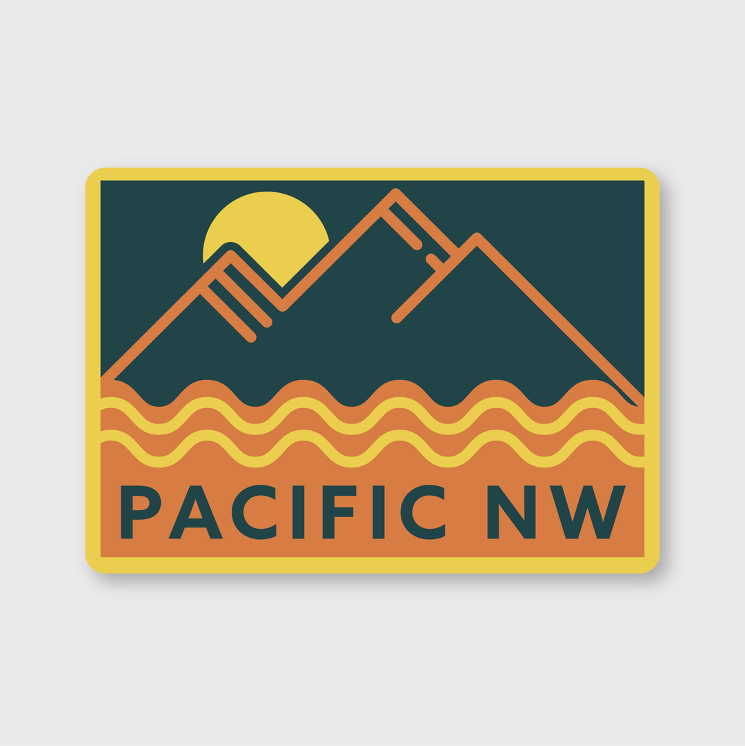 The Pacific NW Geo Sticker by Pike Street Press presents an artful design featuring mountains and a sunset, accompanied by wavy lines representing water. Below this imagery, the text "PACIFIC NW" is displayed in bold capital letters. This design captures the unique spirit of Seattle with its distinctive and custom style.