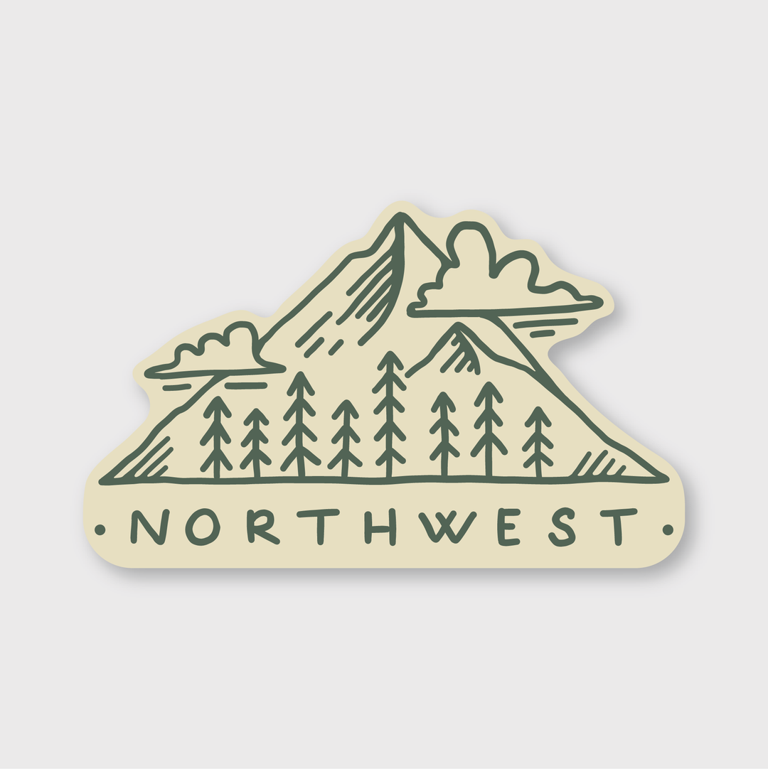 The Northwest Mountain Sticker features a picturesque illustration of a mountain surrounded by pine trees and clouds. The word "Northwest" is prominently displayed in bold letters below the scene. This sticker boasts a vintage-style design, printed on durable, weather-resistant die-cut vinyl, with green outlines against a cream background. It's crafted by independent artists for lasting quality and aesthetic appeal.