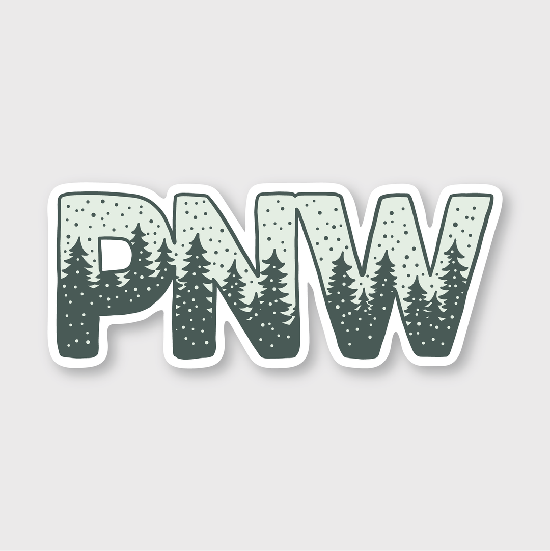 The Snowy PNW Sticker is a creatively designed vinyl decal that showcases the letters "PNW" in bold. It incorporates a forest motif with tree imagery and dot patterns that resemble snowflakes or stars. This die-cut sticker is weather resistant, making it suitable for outdoor use, especially on light backgrounds.