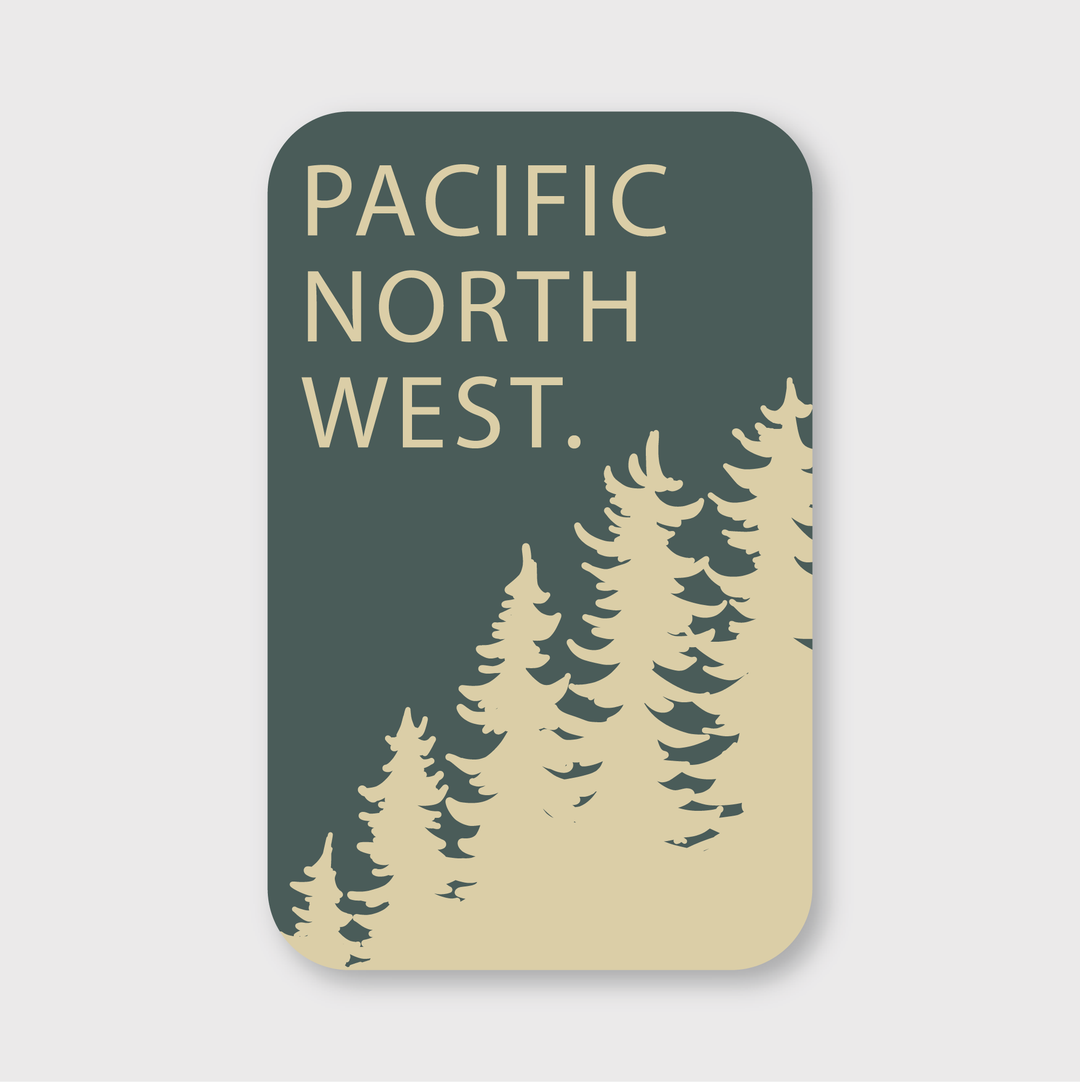 The graphic you described features "Pacific Northwest" prominently displayed on a rich green background, reminiscent of the lush forests typical of the region. Accompanying this text, beige silhouettes of evergreen trees are styled on the right side, adding to the natural theme. The overall design evokes a sense of tranquility and connection to nature, typical of the Pacific Northwest's landscapes.