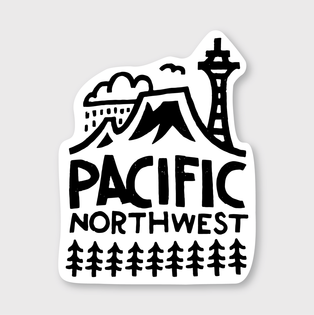 The "PNW Lino Sticker" features a stylized illustration that includes mountains, trees, raindrops, and the iconic Space Needle. Below these black-and-white images is the text "PACIFIC NORTHWEST," capturing the essence of Seattle and making it an ideal sticker for representing the region.