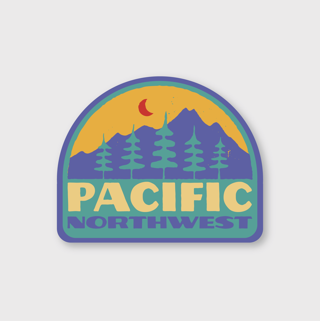 Introducing the PNW Sticker by Pike Street Press! This sticker showcases a retro design with silhouettes of pine trees and mountains against a sunlit sky. The text "PACIFIC NORTHWEST" encapsulates the essence of Seattle's captivating landscapes.