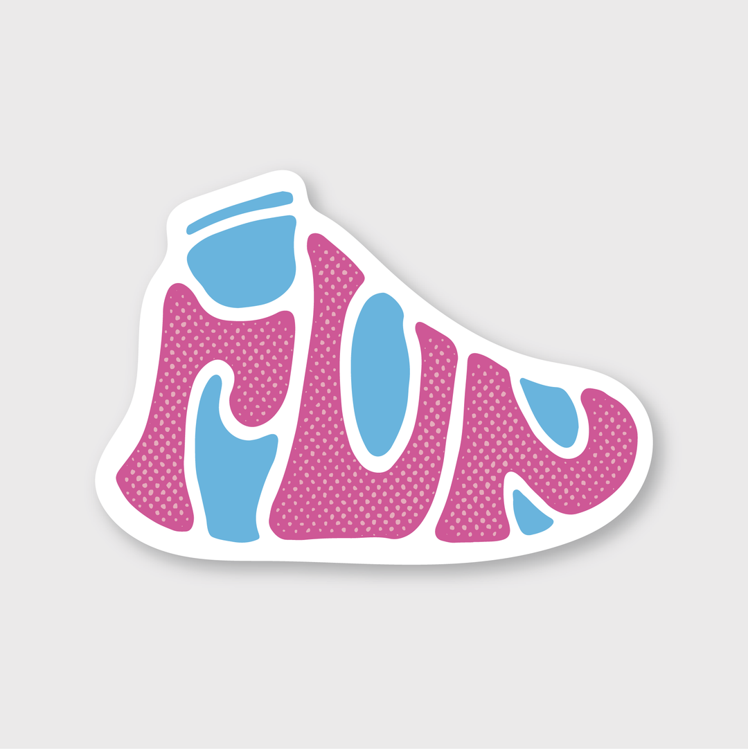 An illustration of the Run Sneaker Sticker features a playful, abstract design with the word "RUN" in stylized pink and blue text on a white background. Drawing inspiration from Seattle's vibrant creativity, it adds a captivating touch of unique flair reminiscent of high-quality stickers.