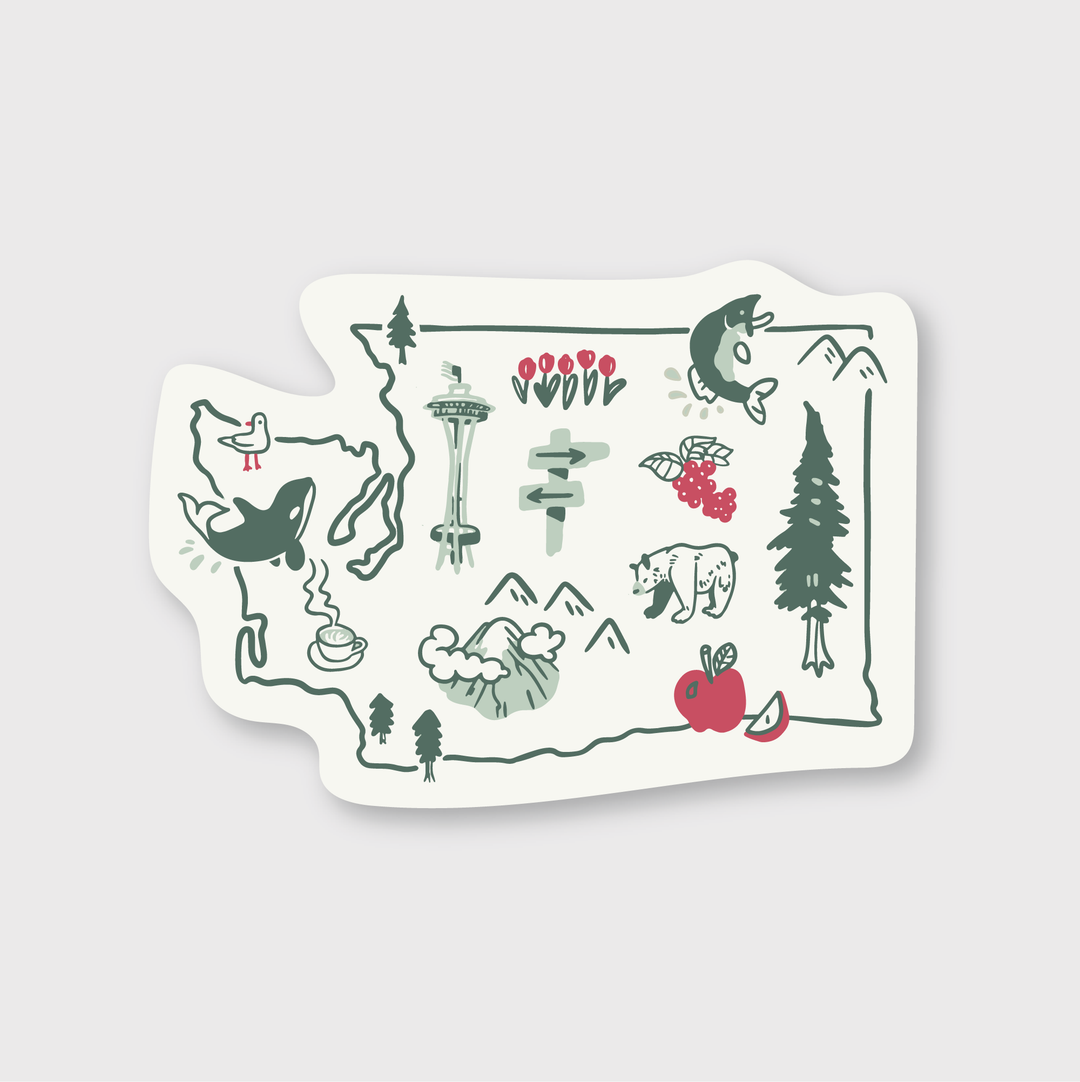 The Washington Icons Sticker by Pike Street Press is a beautifully illustrated map featuring iconic symbols like Mount Rainier, the Space Needle, a whale, a coffee cup, an apple, and evergreen trees. Designed with a minimalist and stylized approach on a white background, it captures the essence of Washington's unique landmarks and culture.