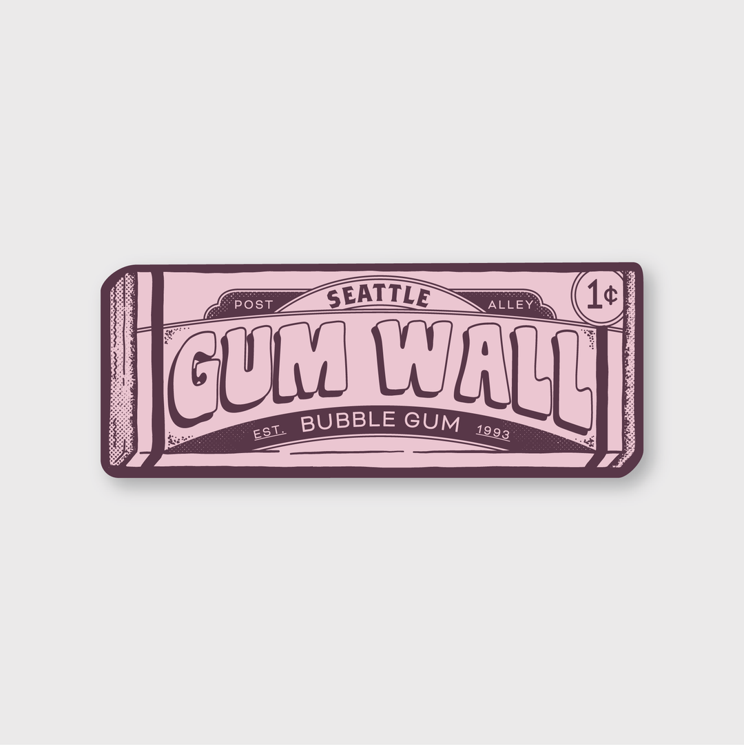 A vintage-style bubble gum wrapper titled "Seattle Gum Wall Sticker" is designed by Pike Street Press. This sticker features the text "Post Alley" and "1¢" along its edges, with a small "Est. 1993" included in its design. Presented as a die-cut vinyl sticker, it showcases shades of pink and purple against a white background.