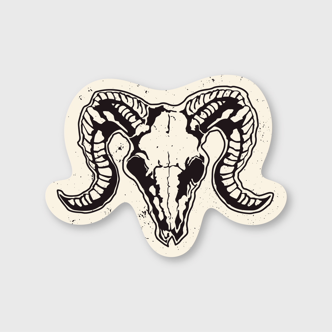 Presenting the Ram Skull Sticker: a custom illustration of a ram skull featuring large, curved horns in a detailed black and white style. Ideal for creating high-quality stickers set against light backgrounds.