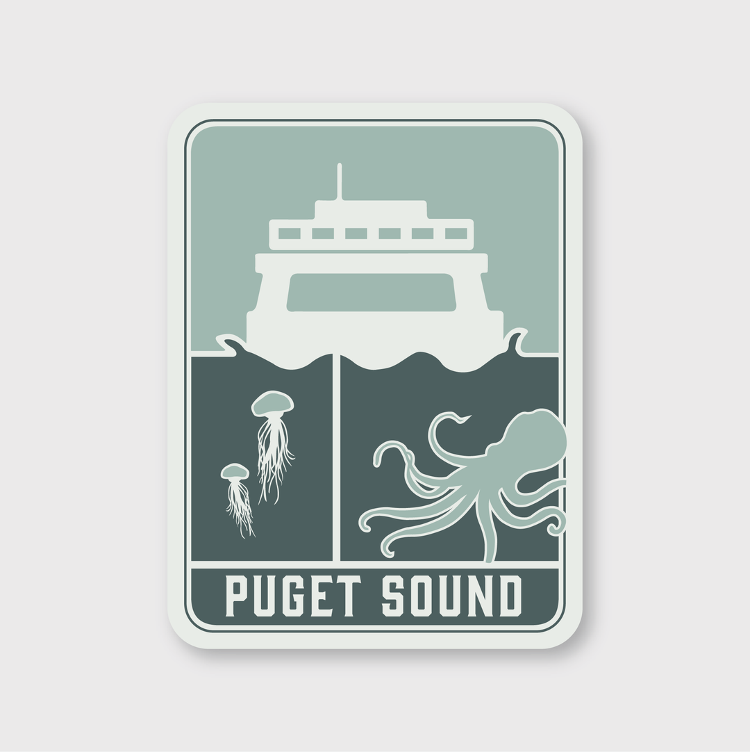 The Puget Ferry Icon Sticker offers a stylish illustration with elements like a ferry, jellyfish, and octopus. The design is completed with the text "Puget Sound" at the bottom and marine-themed silhouettes, all in a vibrant teal color scheme, creating an ideal high-quality sticker.