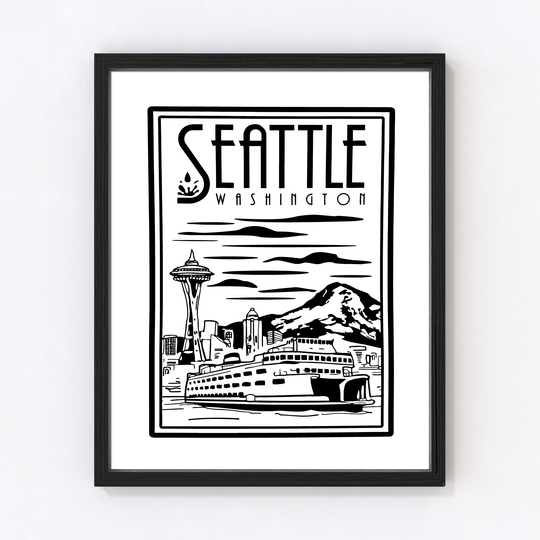 Framed black and white artwork with Space Needle, city skyline, ferry, Mount Rainier, and stylized clouds; handcrafted keepsake.