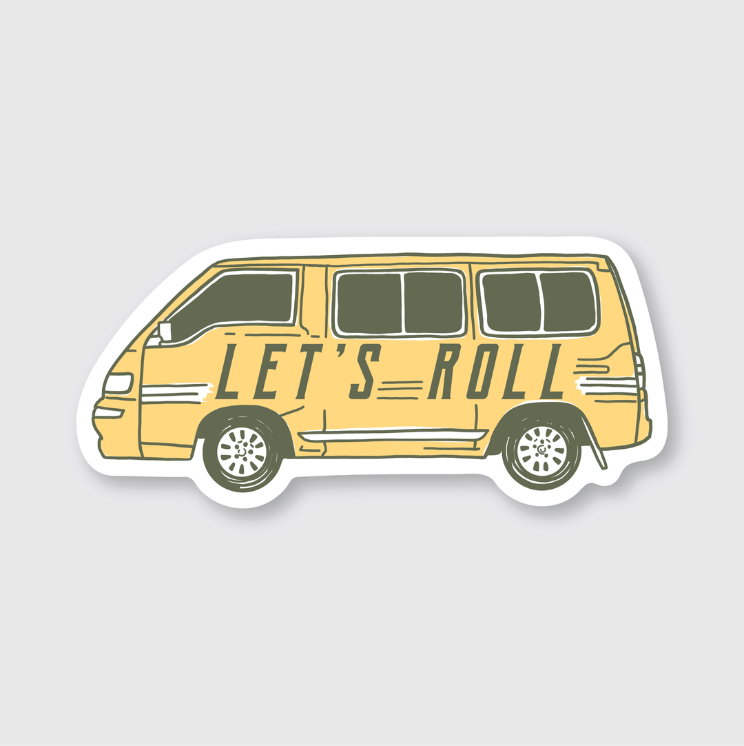 This die-cut vinyl sticker features a cartoonish yellow van with "Let's Roll" emblazoned on its side. Set against a plain light gray background, it adds a playful touch to your collection.