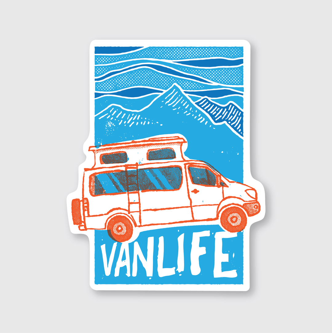 The Van Life Sticker is a beautifully illustrated die-cut vinyl piece featuring an orange camper van set against a blue backdrop with mountains. The sticker showcases the text "VAN LIFE" at the bottom and is made with a durable, high-quality laminated matte finish.