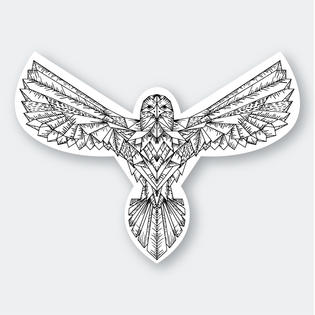 The Geo Eagle Sticker features a geometric design that resembles an owl with outstretched wings, crafted in black and white. Handcrafted in Seattle, this sticker showcases intricate patterns and shapes for a symmetrical, artistic appearance. Made as a die-cut vinyl sticker, it offers excellent water resistance.