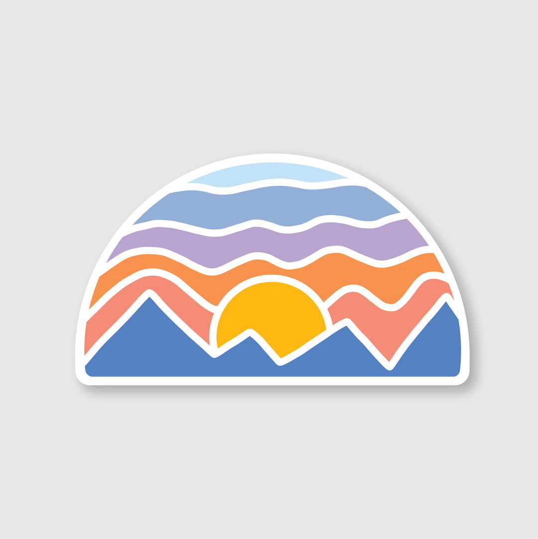 The Mosaic Mountain Sticker is a die-cut vinyl decal showcasing a mountain and sun design. It's meticulously crafted from high-quality vinyl, making it ideal for outdoor use.